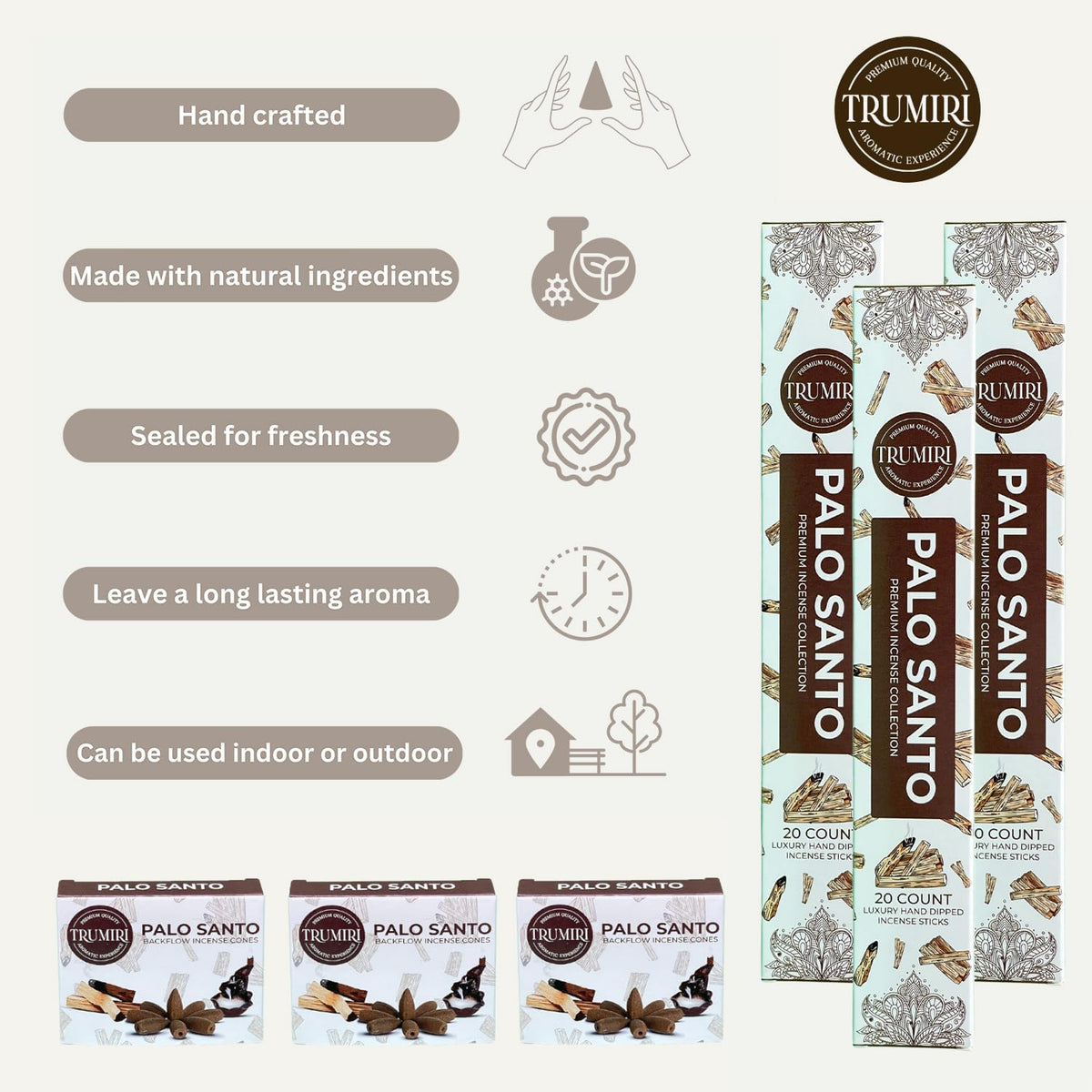 Palo Santo Incense Sticks & Backflow Incense Cones for Waterfall Combo Pack - 60 Insence-Sticks + 30 Backflow Cones - Insents - Incense Waterfall Cones - Inscense