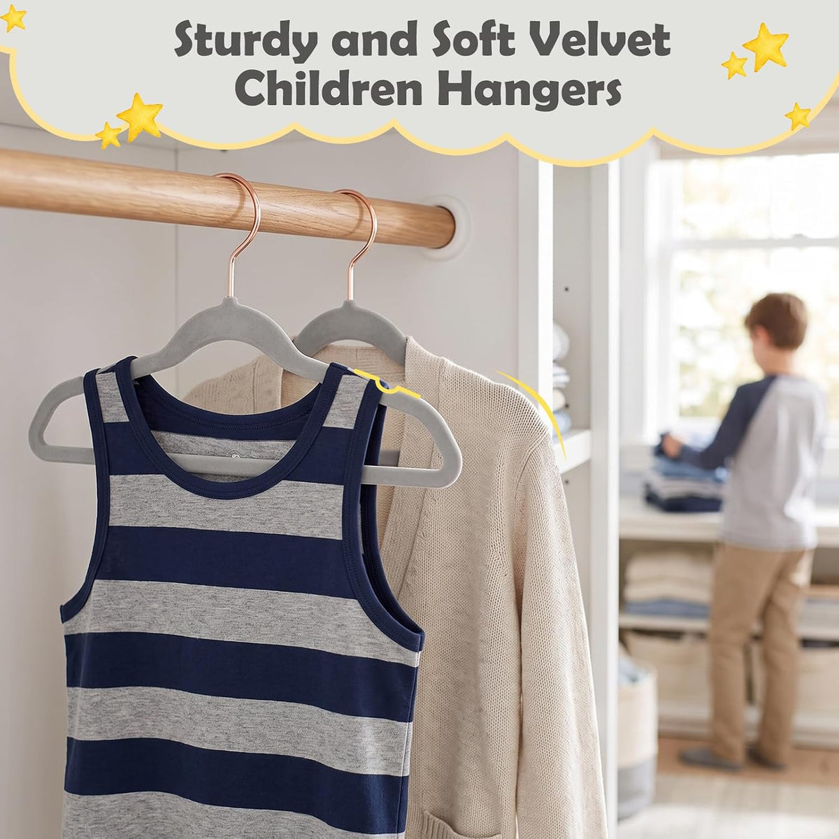 HOUSE DAY Velvet Kids Hangers 60 Pack, Premium Childrens Hangers for Closet, Ultra Thin Cute Hangers Kids Clothes Hanger, Non Slip Kids Felt Hangers 14 Inch, Small Hangers for Kids Clothes, Grey