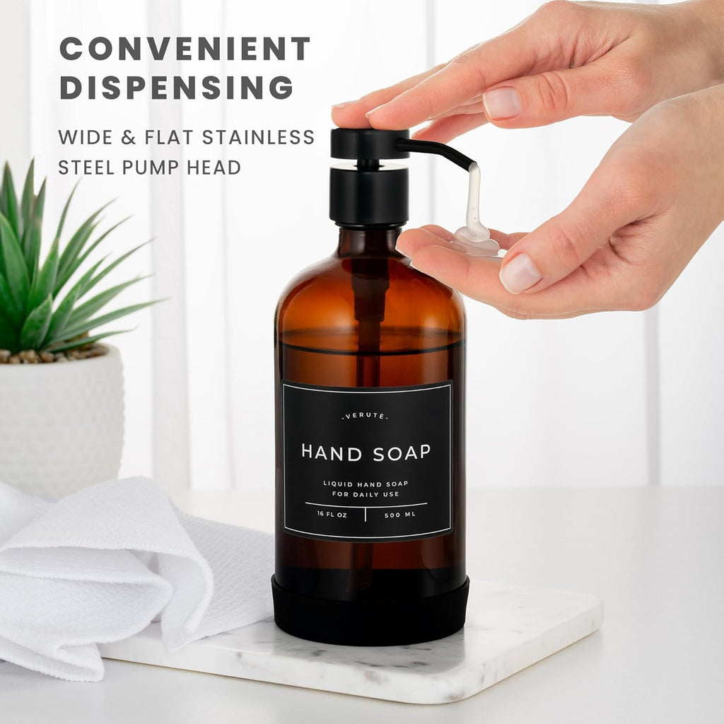 Hand and Dish Soap Dispenser for Kitchen and Bathroom, Set of 2 16 Oz Glass Bottles, Stainless Steel Pumps, Non-Slip Silicone Base, 27 Waterproof Labels (Amber Bottle/Black Pump)