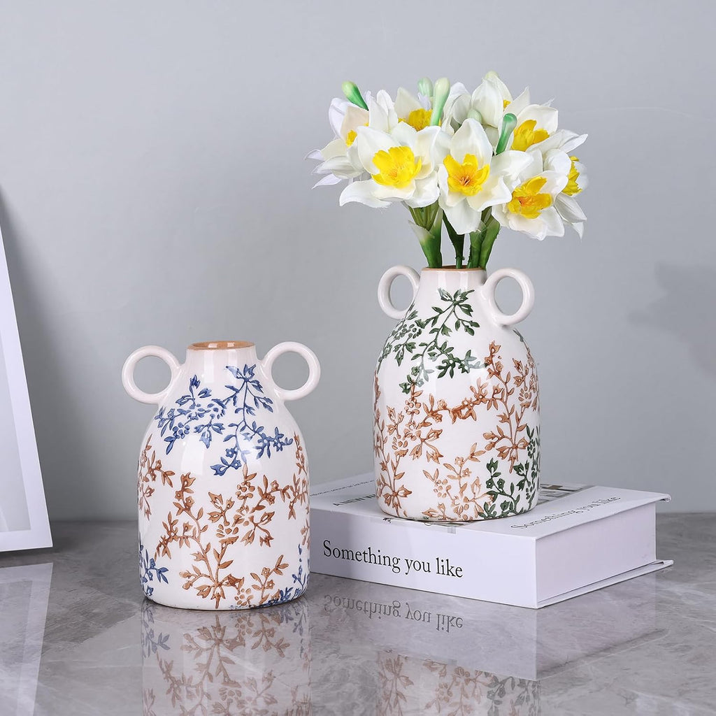 Blue Floral Ceramic Vase with Handle, Nordic Boho Small Vases Side Table Flower Centerpiece, Wide Mouth Single Flower Vase Pampas Grass Decorative - for Home Window Sill Living Dining Room Kitchen