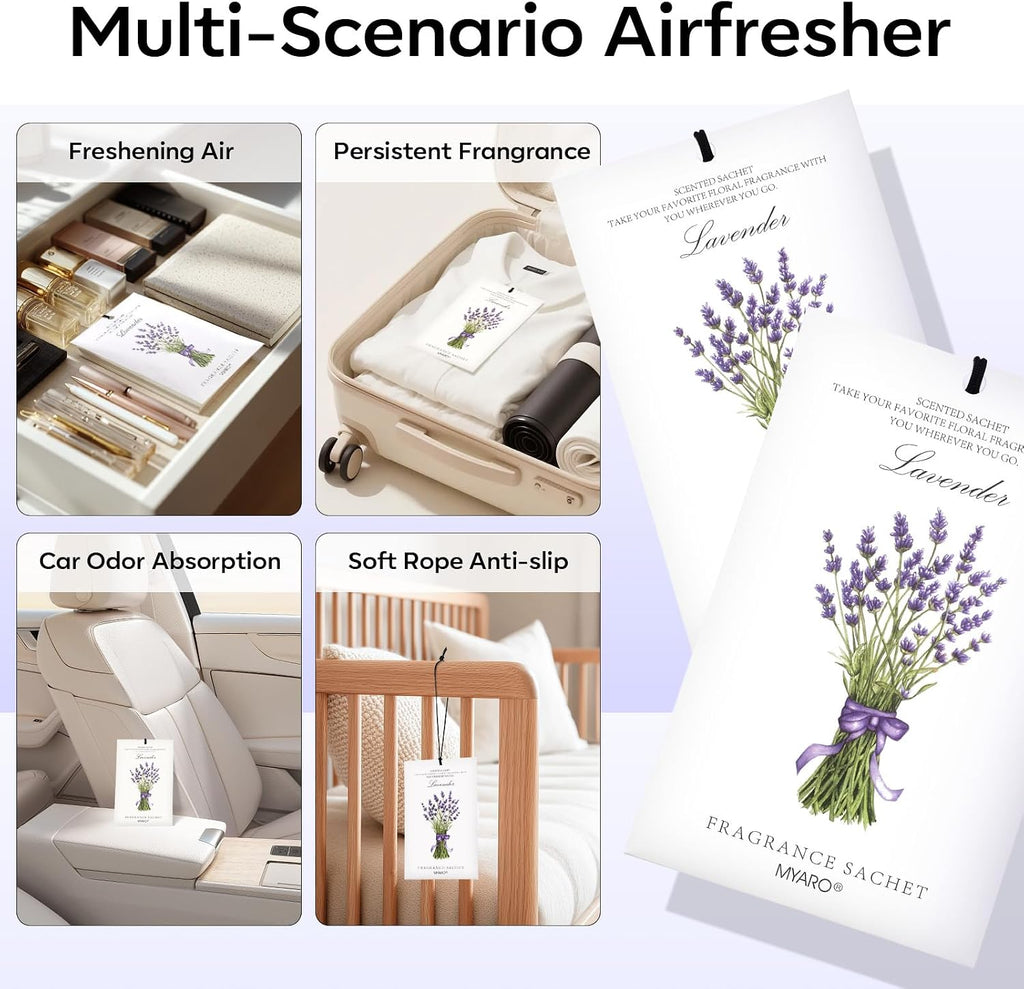 MYARO 12 Pack Lavender Scented Sachets, Closet Deodorizer Car Air Freshener