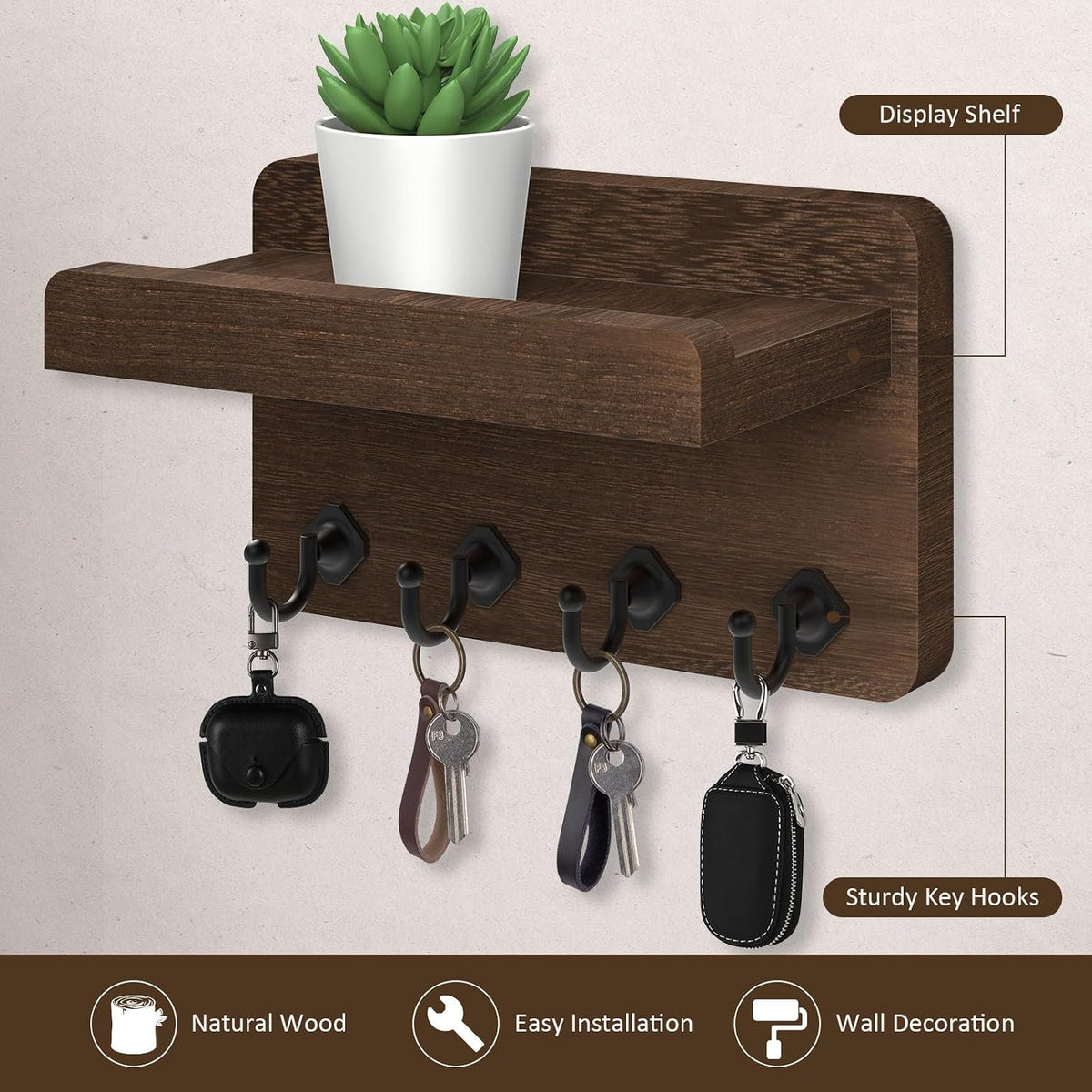 Nekon Key Holder Wall Mount, 8.5 Inch Small Wooden Wall Organizer, Brown