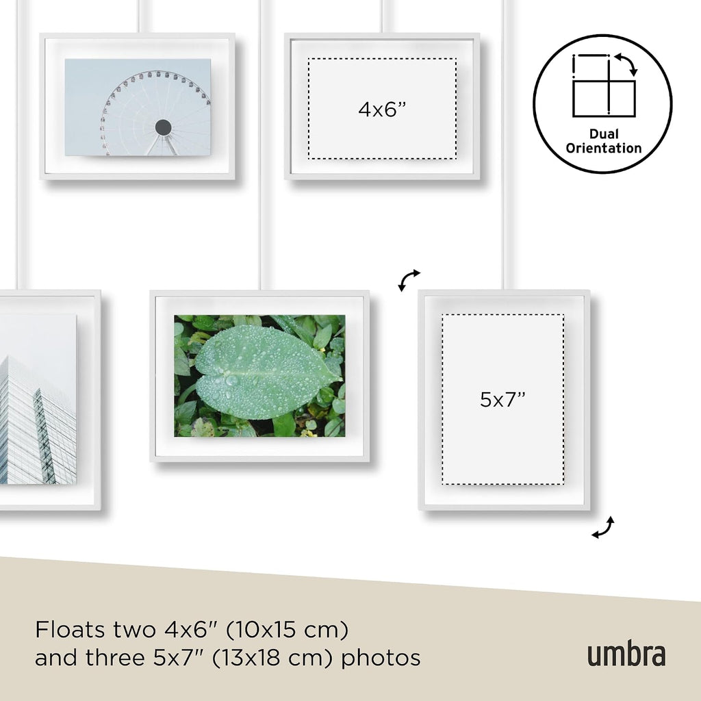 Umbra Exhibit Picture Frame Gallery Set, Adjustable Wall Collage Displays Five Photos (Two 4x6 and Three 5x7), Set of 5, White