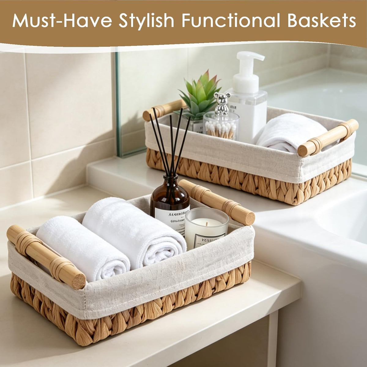 Water Hyacinth Wicker Storage Basket with Wooden Handle, Decorative Toilet Paper Baskets & Bathroom Organizer for Toilet Tank Top, Shelves, Bedroom, Countertop,Home, Office Storage Bins, 2 Pack