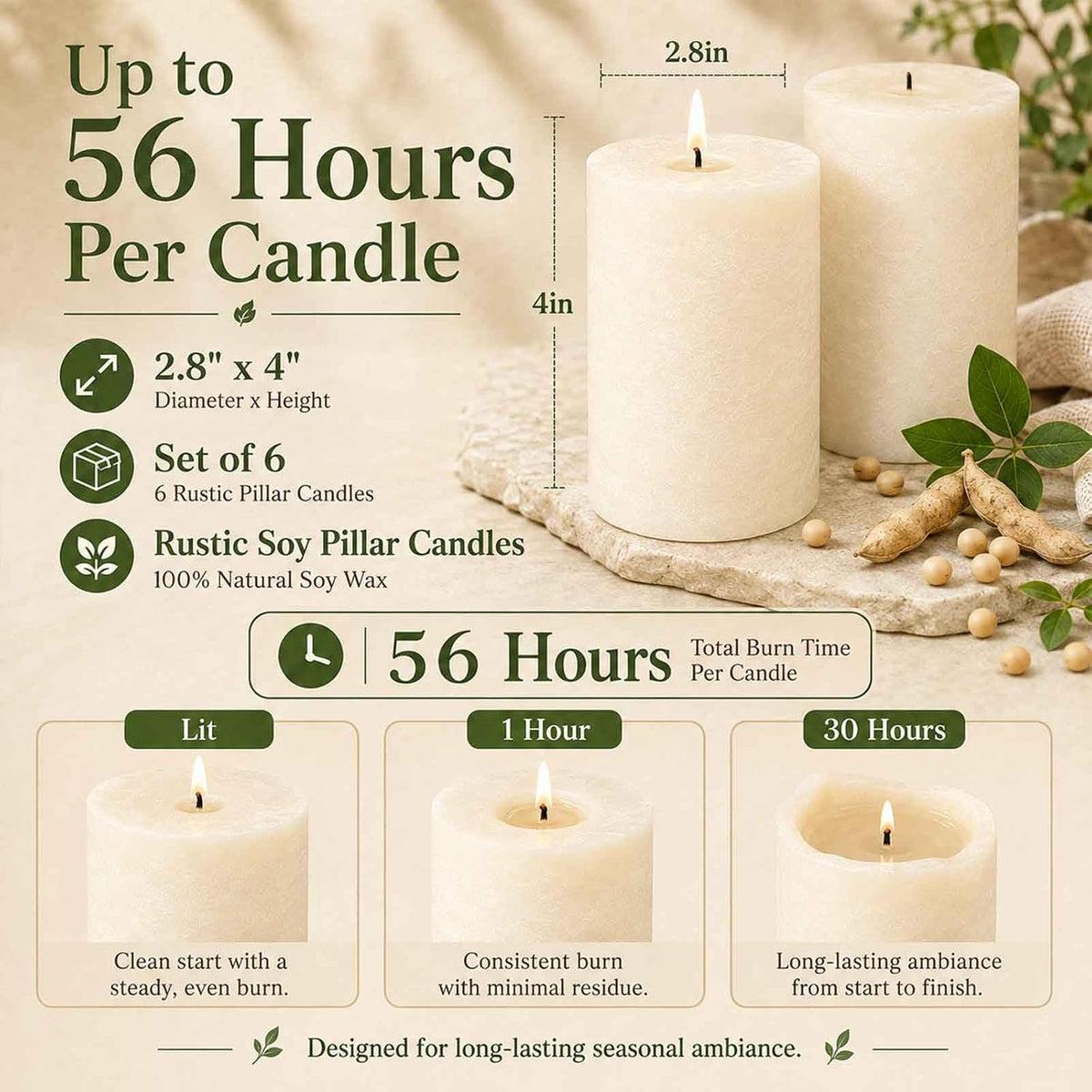 Soy Wax Cream White Pillar Candles,Non-Toxic, 2.8x4 Inch,6 Pack,330 H Burn