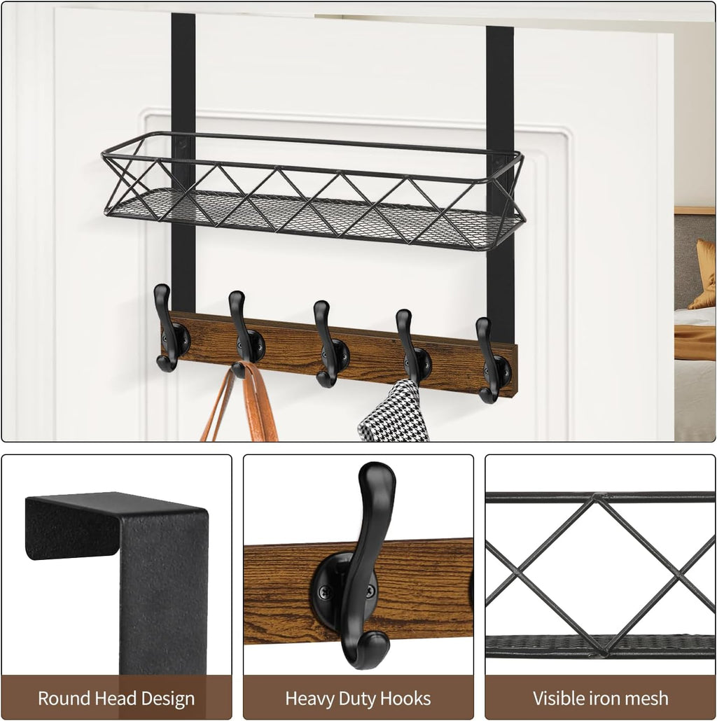 YINMIT Over The Door Hooks Organizer, Over The Door Hanger with Basket, Over The Door Towel Rack with 5 Metal Hooks, Over Door Hanger for Bathroom, Bedroom, Kitchen
