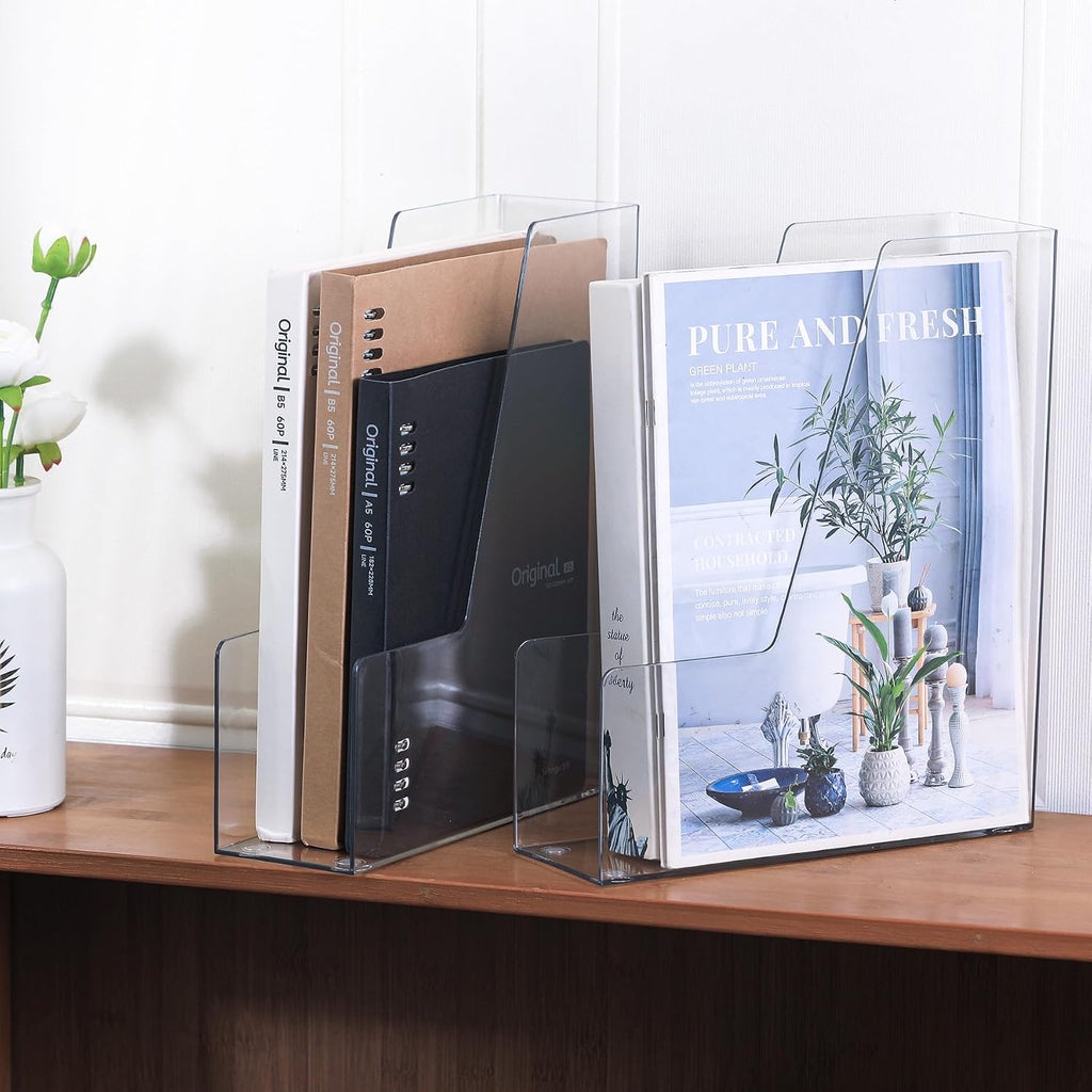 Vertical Magazine File Holder, Clear File Organizer Desk Organizer and Storage Bins Holding for Magazines, Binders, Notebooks, Envelopes, Plastic Office Organization and Storage for Desk, 4 Pack