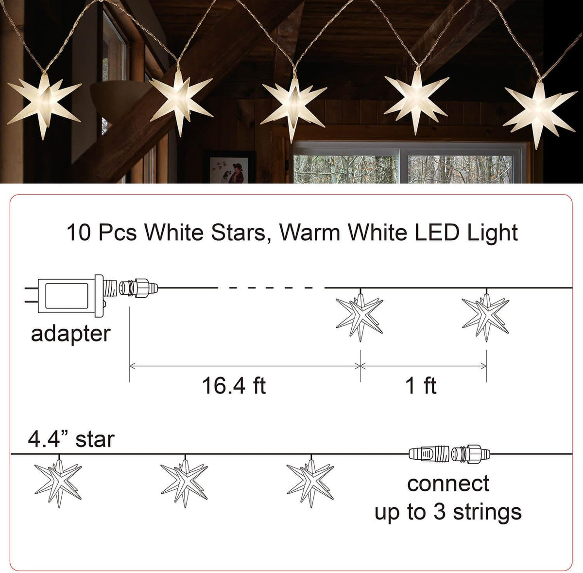 Leejec 4.4" Mini Moravian Star String Light, 10-Light Warm Advent Stars