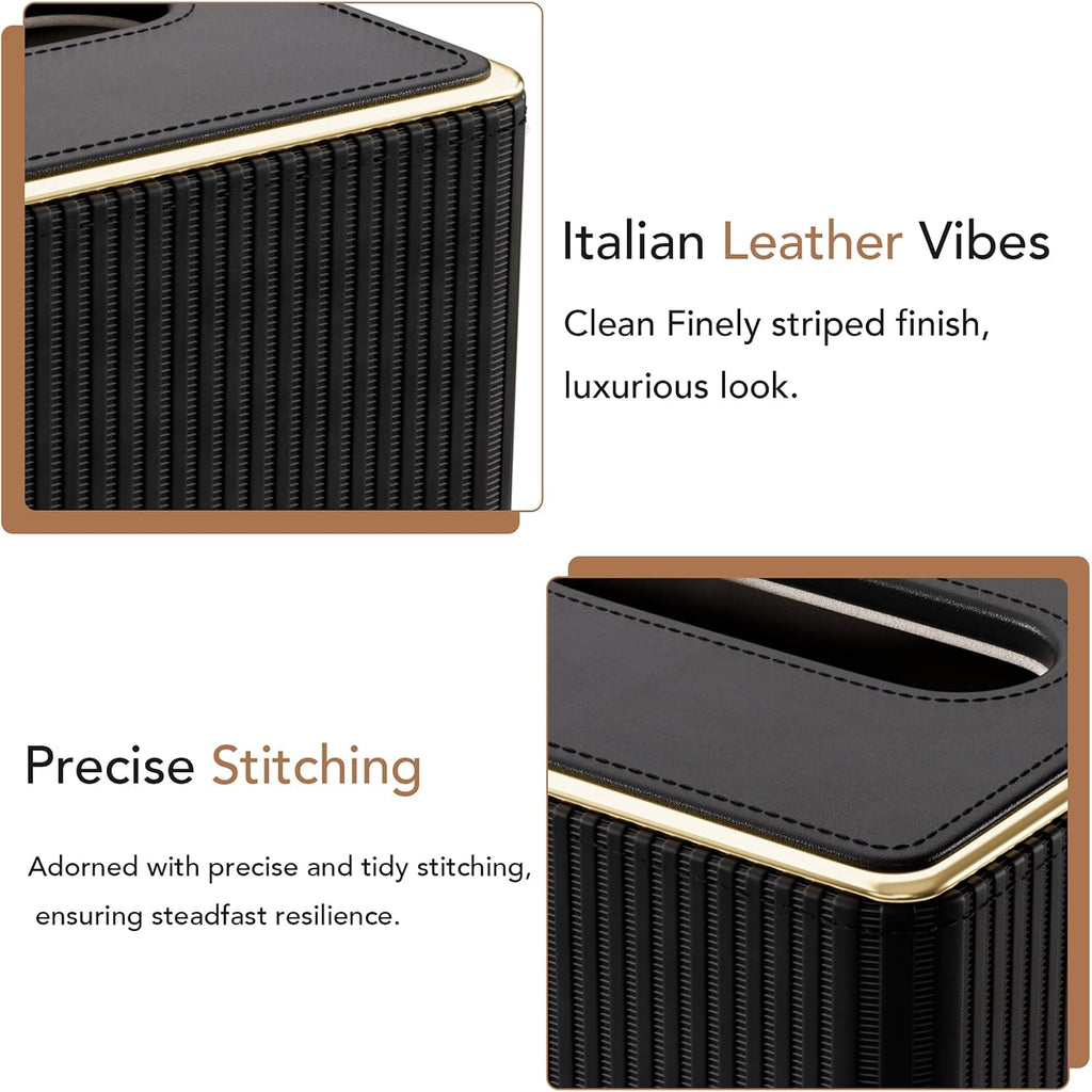 GORESE Square Tissue Box Cover with Gold-Tone Edging, PU Leather Tissue Box Holder for Kleenexs, Decorative Tissue Cover for Bathroom Living Room Car, Modern Cube Kleenexs Holder, Black