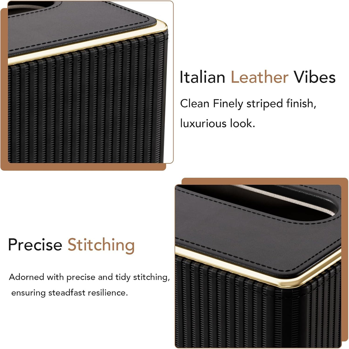 GORESE Square Tissue Box Cover with Gold-Tone Edging, PU Leather Tissue Box Holder for Kleenexs, Decorative Tissue Cover for Bathroom Living Room Car, Modern Cube Kleenexs Holder, Black