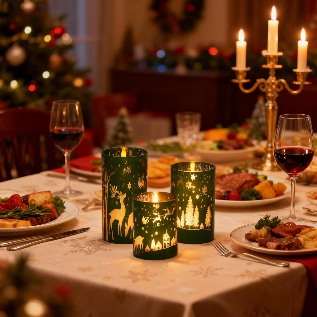 Green Christmas Flameless Candles Battery Operated Remote Timer