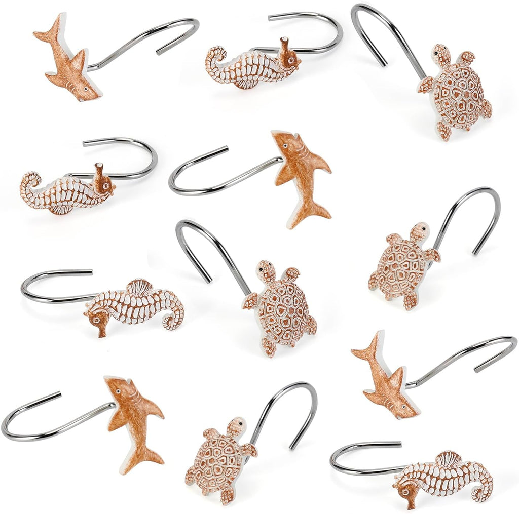 Seashell Shower Curtain Hooks, 12Pcs Decorative Anti-Rust Shower Hooks, Coastal Style Curtain Hooks for Bathroom Nursery Bedroom Living Room Decoration (Turtle Starfish Shark)