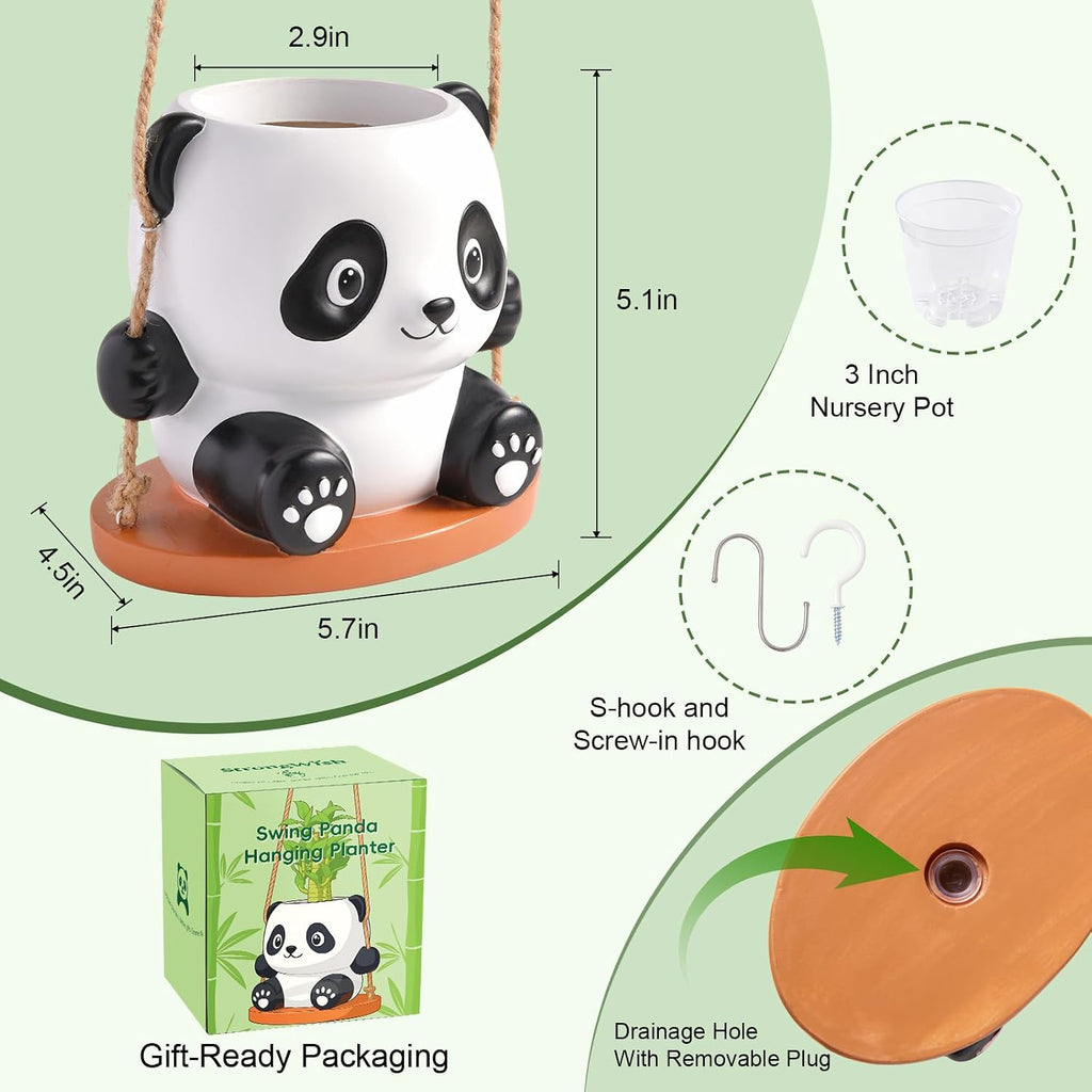 Swing Panda Hanging Planters for Indoor Plants, Cute Succulent Pots with Drainage Hole, Small Hanging Flower Pots Outdoor, Panda Gifts for Plant Lovers (Boy-White)