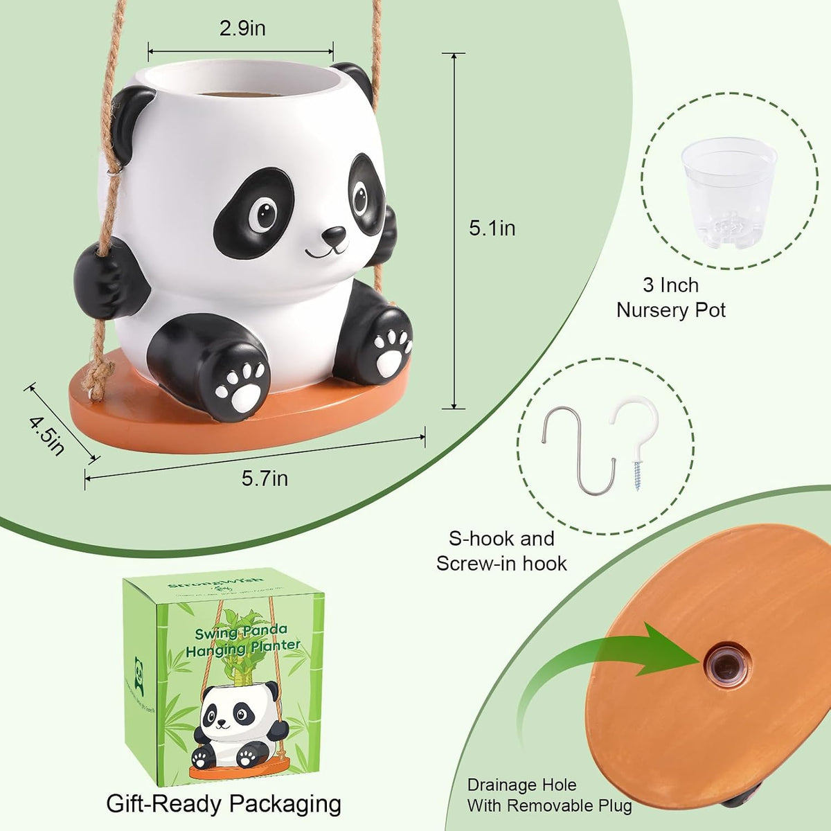 Swing Panda Hanging Planters for Indoor Plants, Cute Succulent Pots with Drainage Hole, Small Hanging Flower Pots Outdoor, Panda Gifts for Plant Lovers (Boy-White)