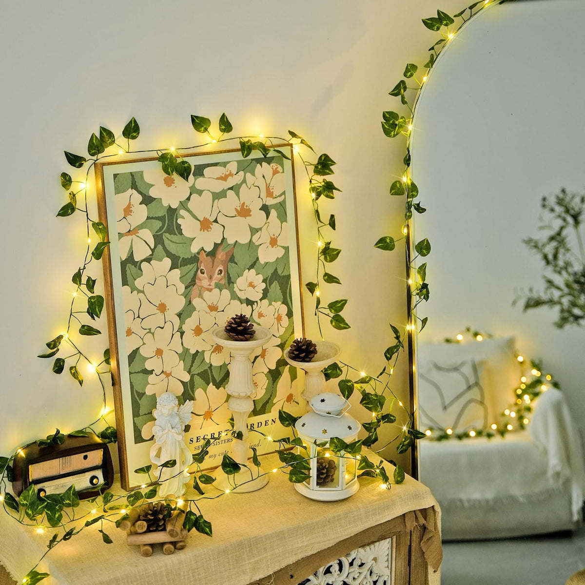 JMEXSUSS 33Ft Vines with Lights Battery Operated, 100 LED, Pothos