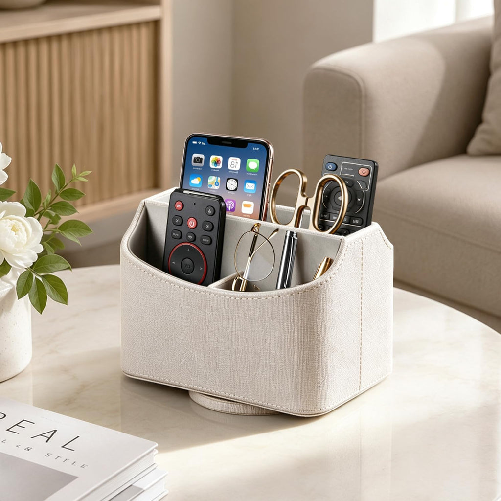 YAPISHI Gold flower pattern Leather Remote Control Holder,360 Degree Spinning Desk TV Remote Caddy/Box,nightstand Organizer for Controller,Media,Cosmetic, Mobile Phone, Pen/Pencil Stationery Storage