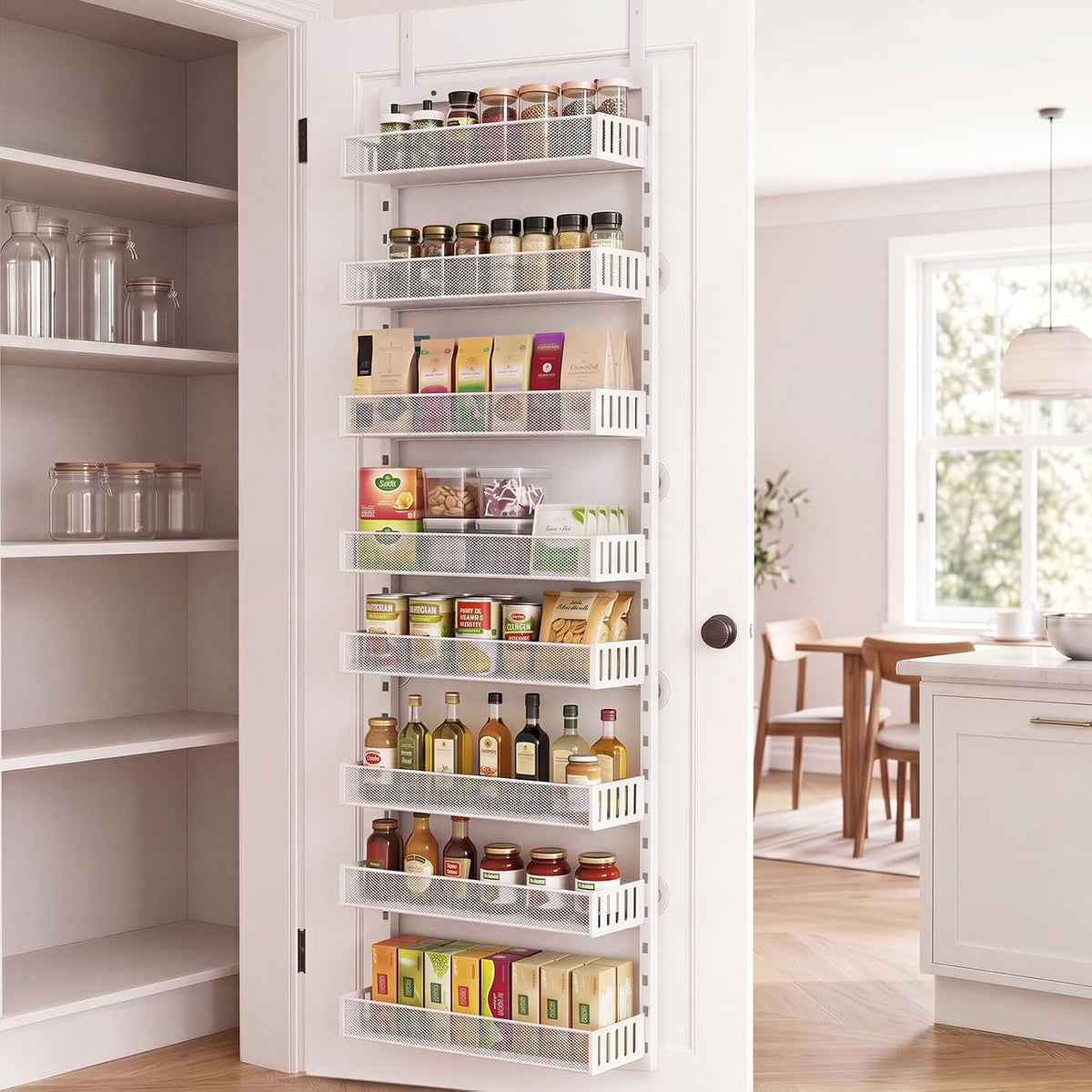Over the Door Pantry Organizer, 8-Tier Heavy-Duty Door Spice Rack with Mesh Baskets, Height Adjustable & Anti-Swing Design, Pantry Door Organizers and Storage for Kitchen, Bathroom