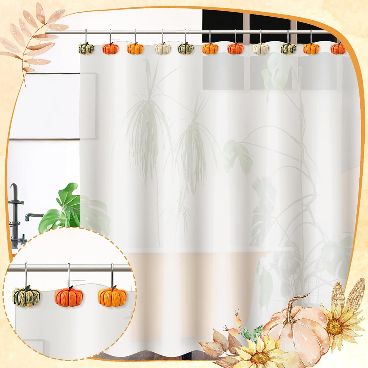 Reallnaive 12 Pcs Pumpkin Fall Shower Curtain Hooks Farmhouse, Green