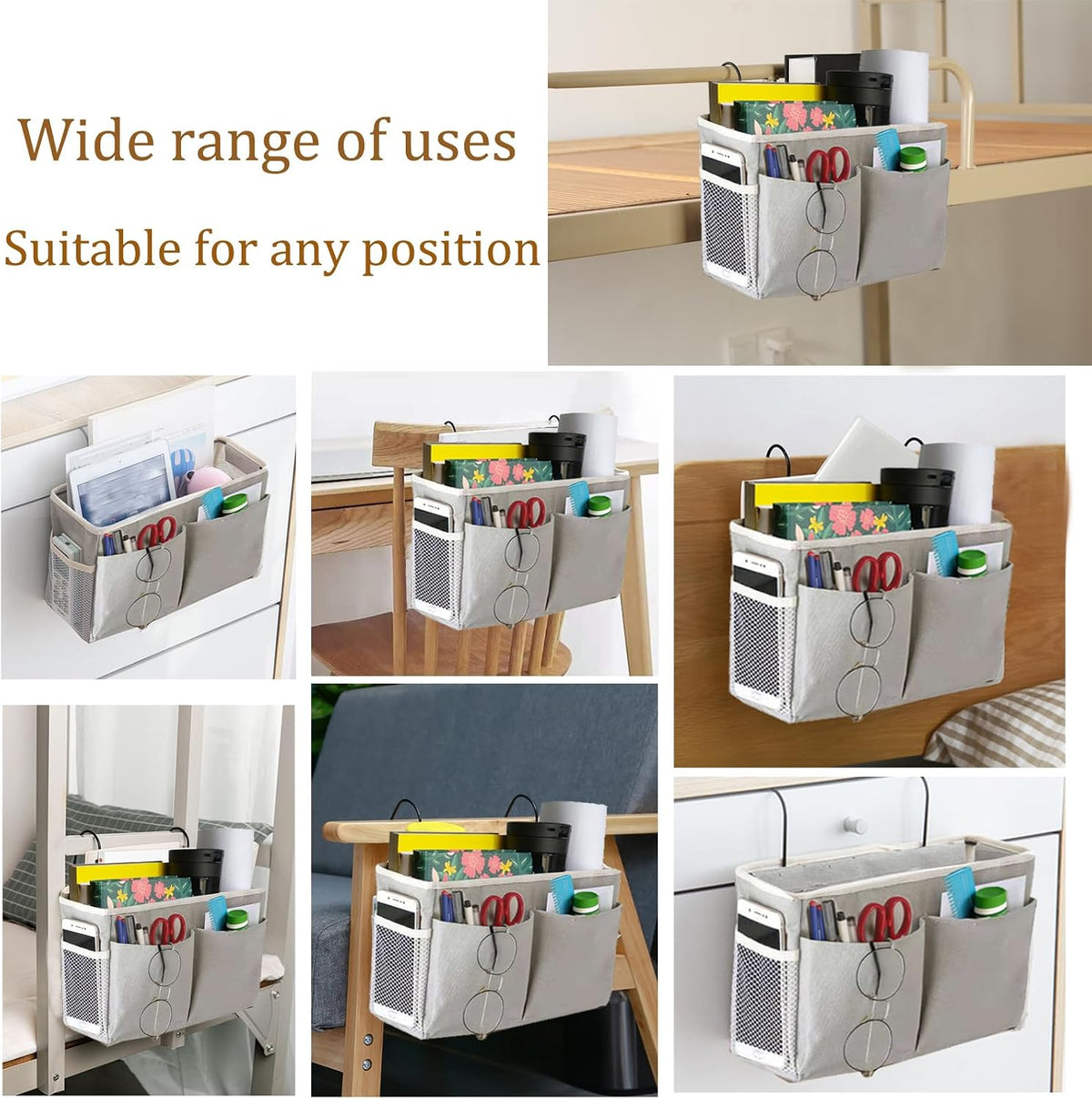 SMALL GOAL Bedside Caddy, Bedside Hanging Storage Organizer for College Dorm Bed, Bunk and Hospital Beds, Can be Placed Magazine, Books, Phones,Keys, kettle, Glasses (grey, 2pack)