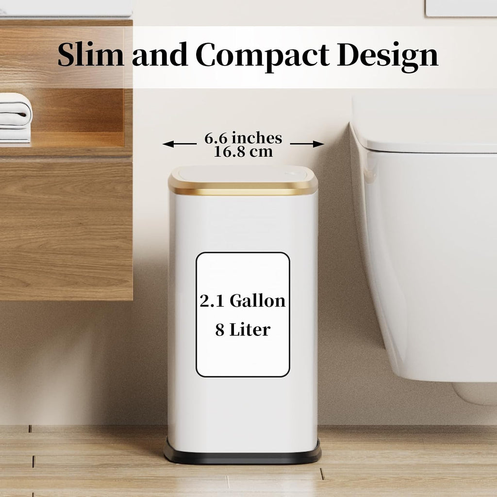 2.1 Gallon Bathroom Trash Can with Lid Press Top, 8 Liter Stainless Steel Garbage Can with Press Type Lid, Slim Trash Bin Waste Basket for Toilet, Office, Bedroom, Living Room (White)