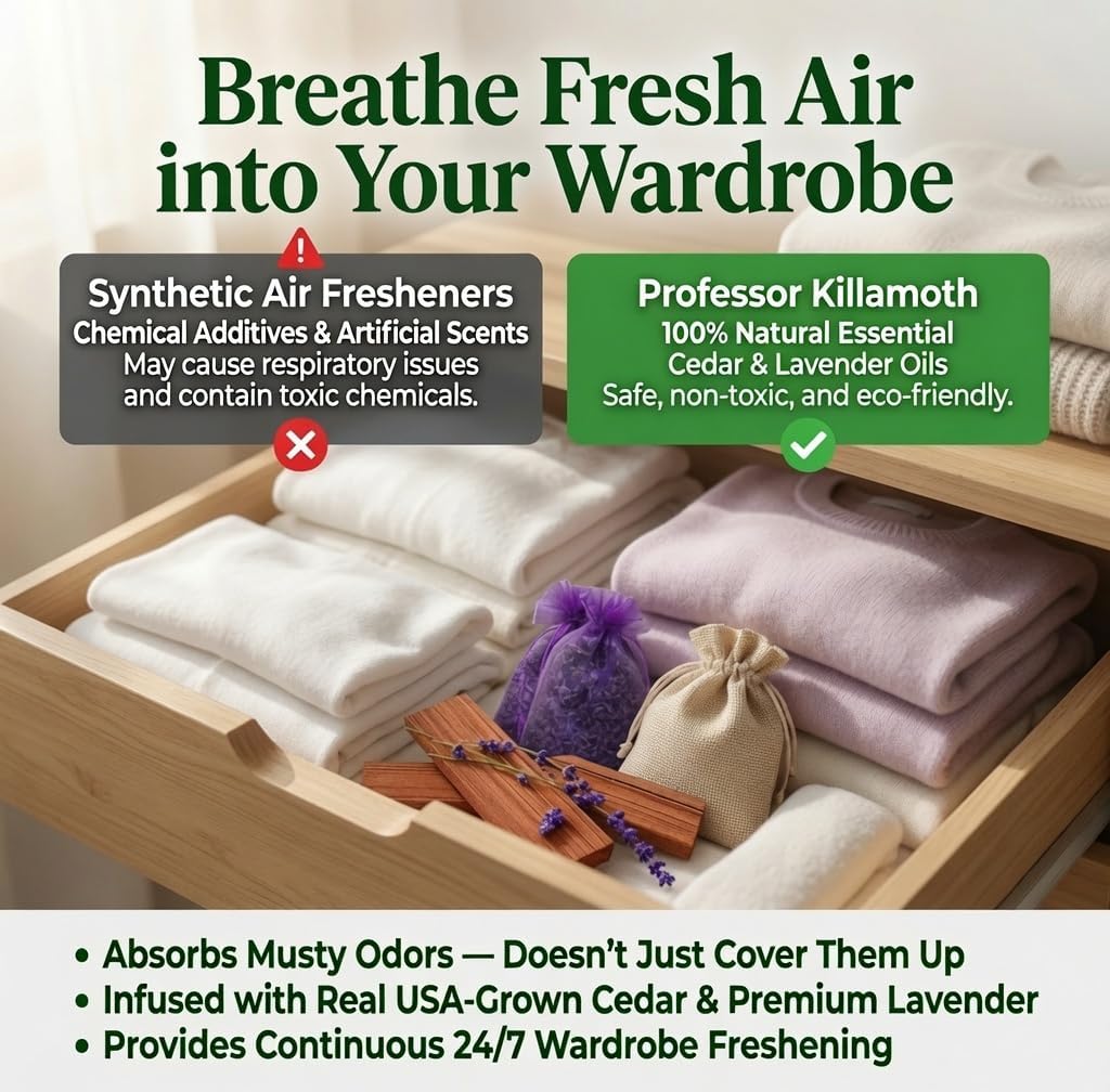 Professor Killamoth Cedar Chips and Lavender Sachets (20 Pack) - Stop Clothes Damage - Cedar and Lavendar Home Fragrance Sachets for Drawers and Closets