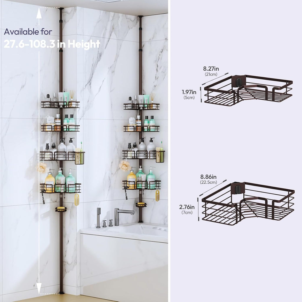 SWTYMIKI Shower Caddy Tension Pole - 4-Tier Corner Shower Organizer Tension Rod with Soap Holder, Toothbrush Holder & 4 Hooks, Adjustable Stainless Steel Bathroom Organizer 27.6 to 108.3 inch, Bronze
