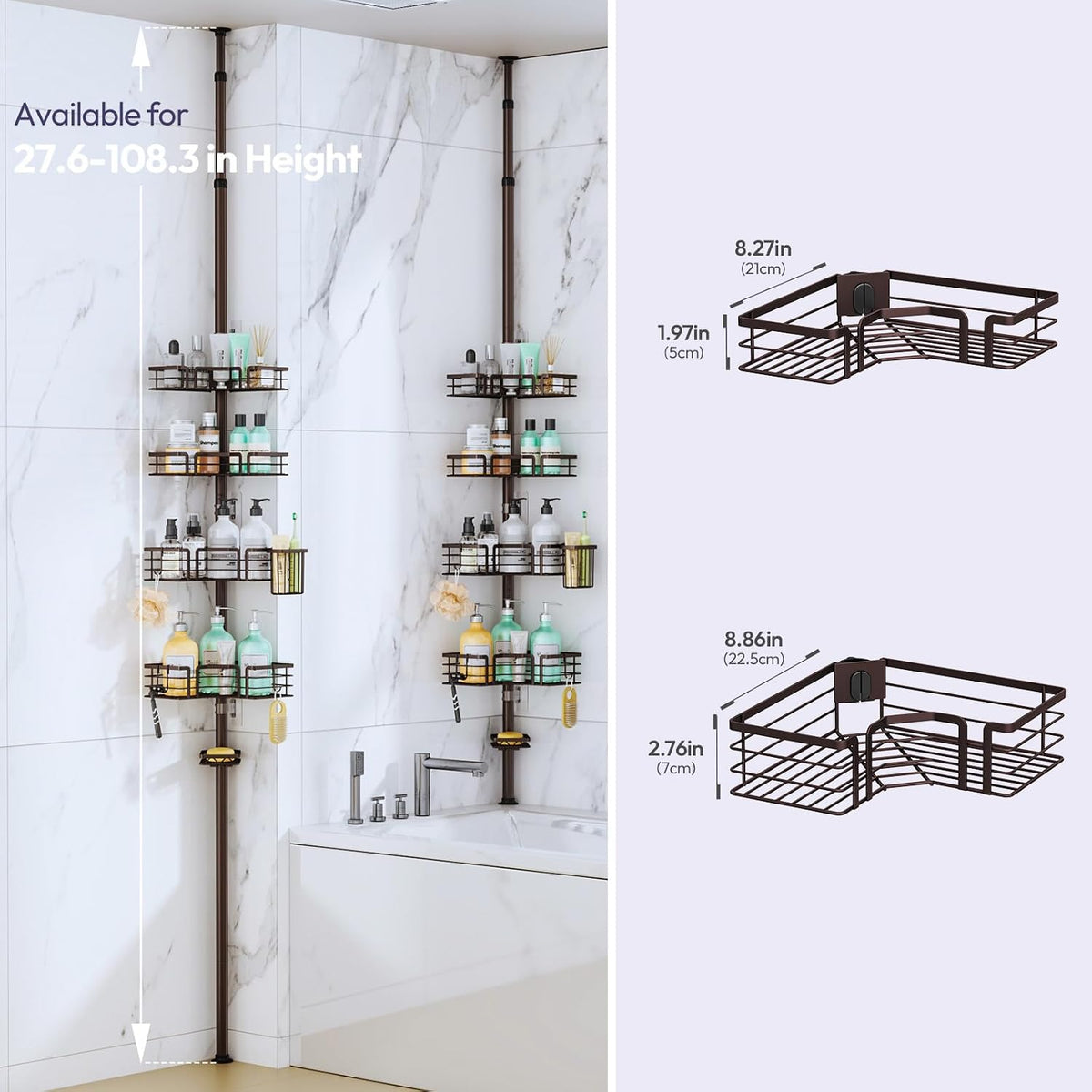 SWTYMIKI Shower Caddy Tension Pole - 4-Tier Corner Shower Organizer Tension Rod with Soap Holder, Toothbrush Holder & 4 Hooks, Adjustable Stainless Steel Bathroom Organizer 27.6 to 108.3 inch, Bronze