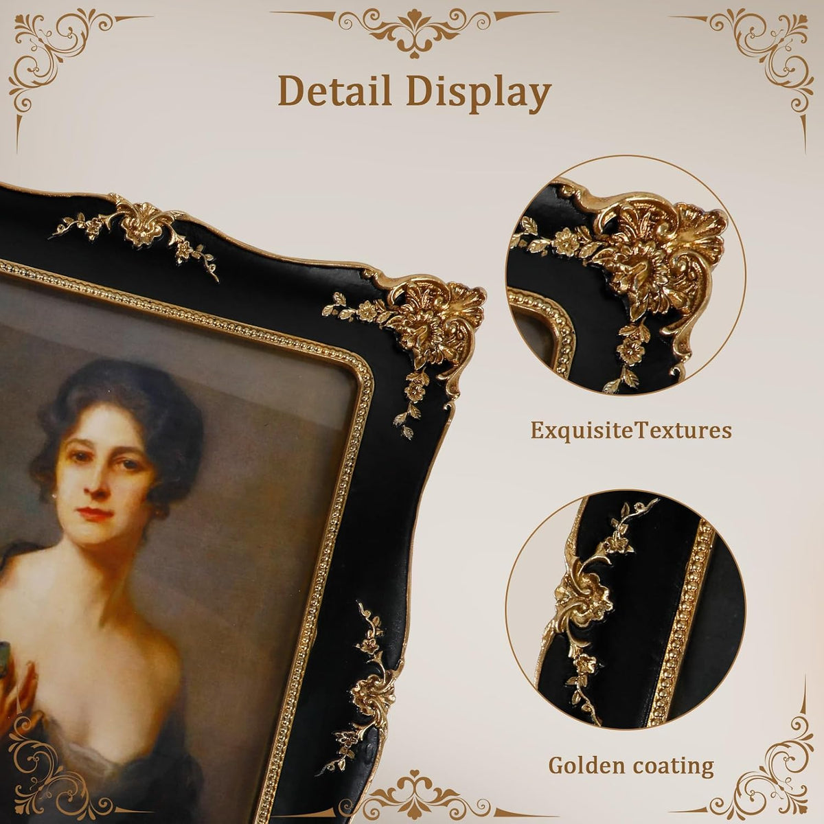 8x10 Resin Picture Frames Embossed Vines Design Photo Frame with Easel & Hook Picture Hanging Kit with Glass Front for Tabletop & Wall Hanging Vintage Room Home Decor (Black)