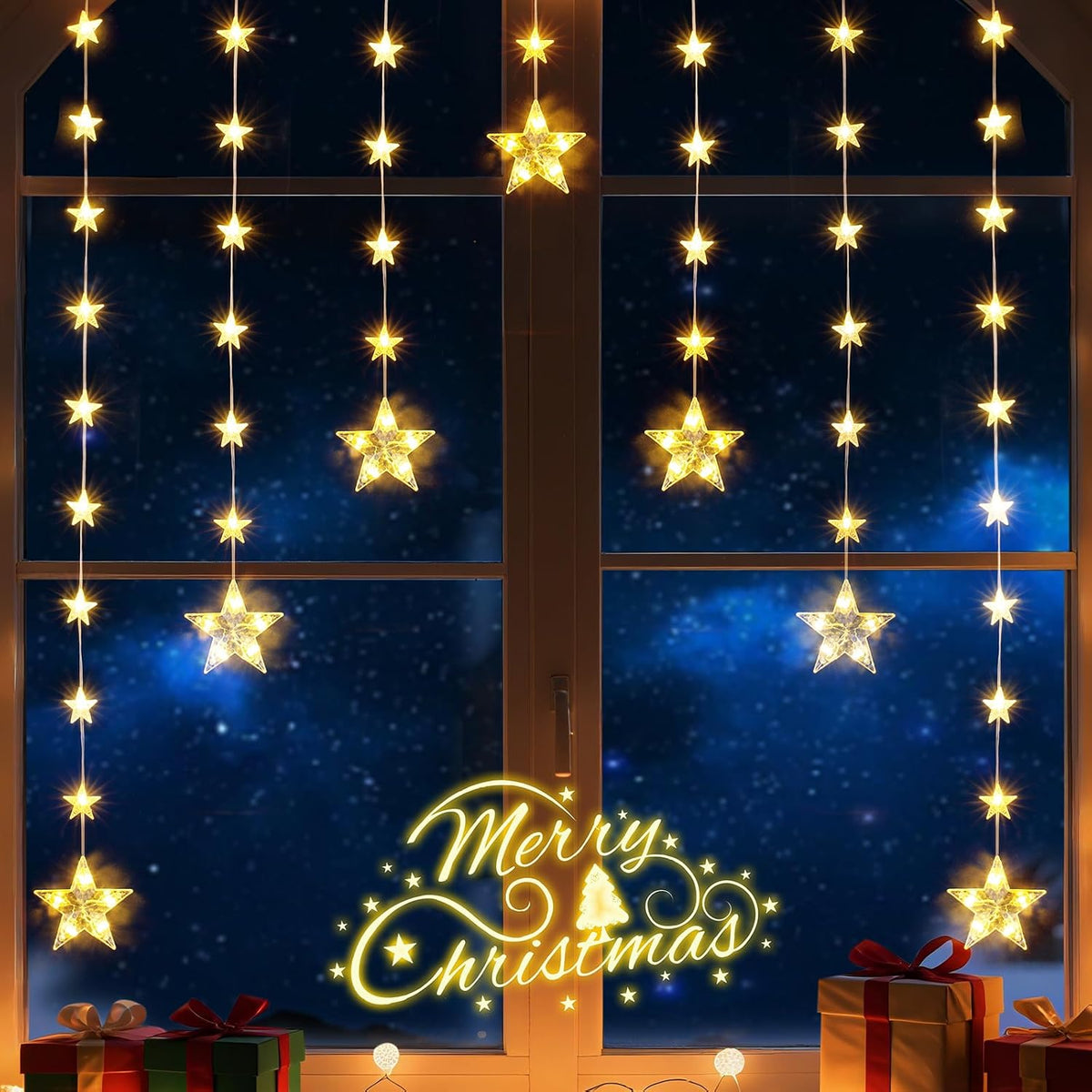 74 LEDs Christmas Window Lights with 46 Stars, IP65 Waterproof, Warm White