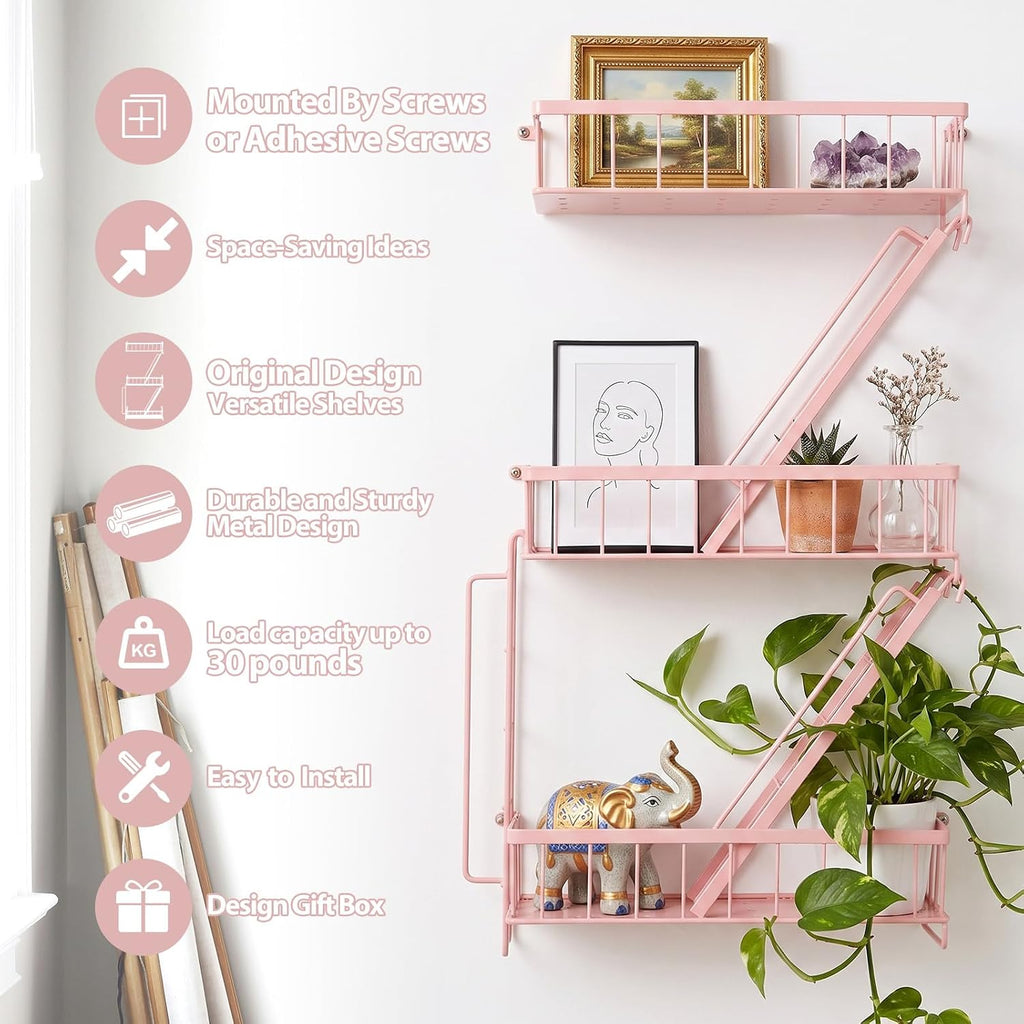 SweetSage Fire Escape Shelf - Pink Wall Decor Floating Shelves, Cute Metal Ladder Shelving for Bedroom, Home Decor Display (3-Tier)