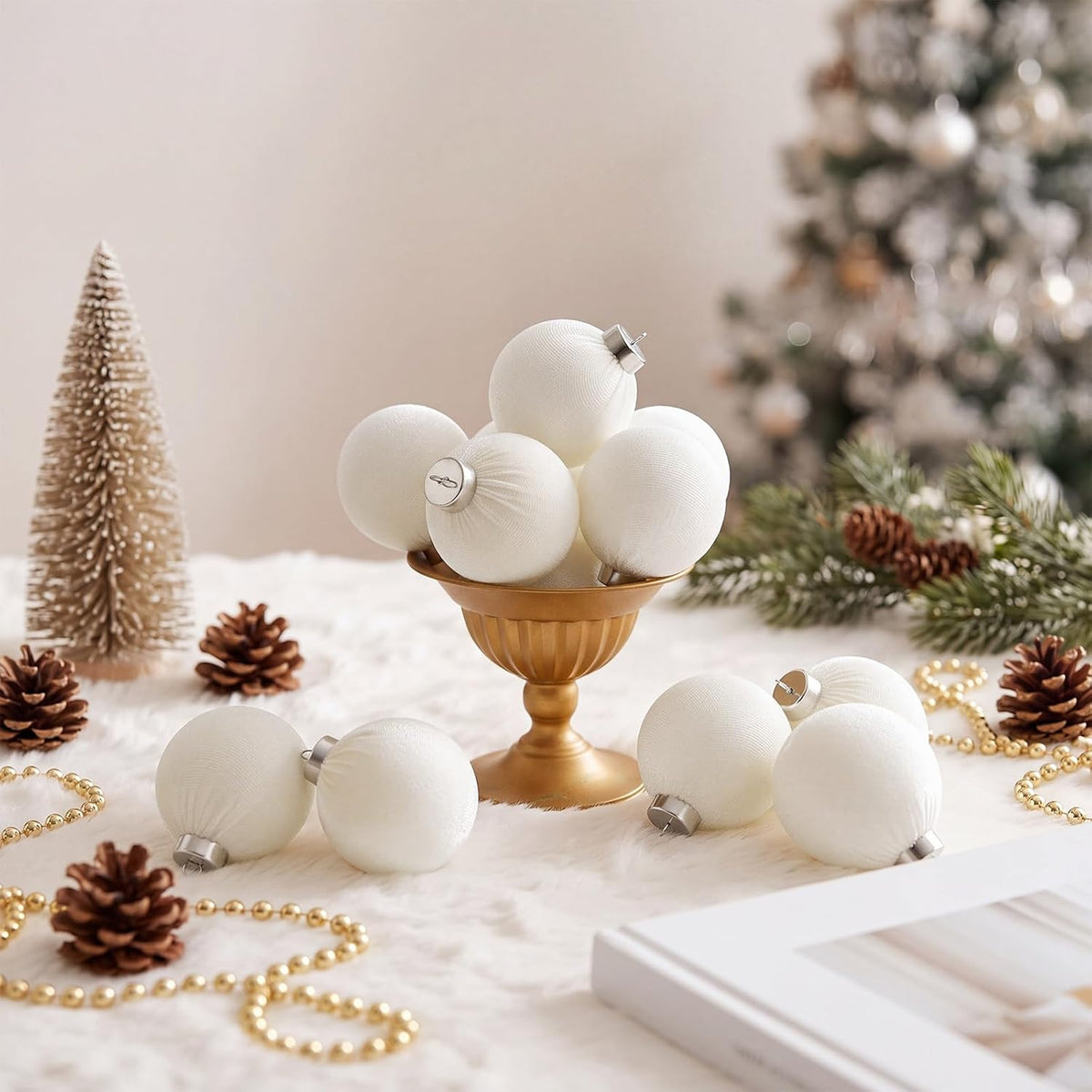 Ivory Velvet Christmas Ornaments Set,15-Pack Flocked Christmas Tree Ball