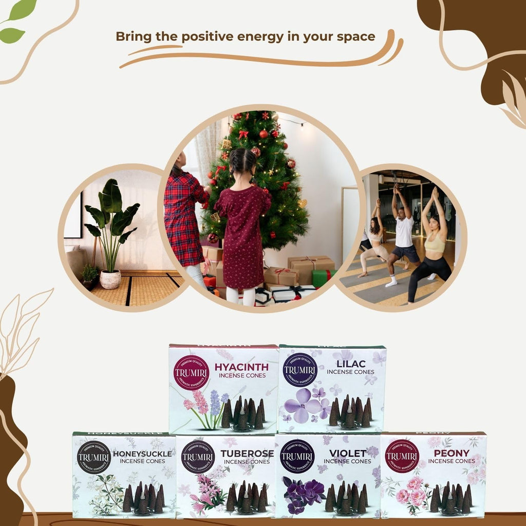 TRUMIRI Blossom Incense Cones - Variety Pack - Total 60 Cone Incense (6 Scents x 10 Conos) - Peony, Lilac, Violet, Honeysuckle, Hyacinth, Tuberose - Cone Incense Scents - Insense Cones - Incent Cone