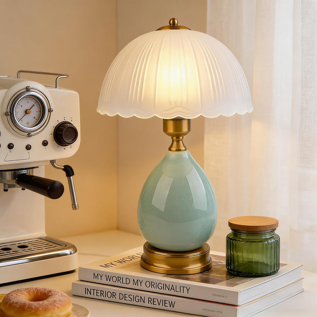 Ceramic Retro Table Lamp, Vintage, 15", Chinoiserie Green Glass
