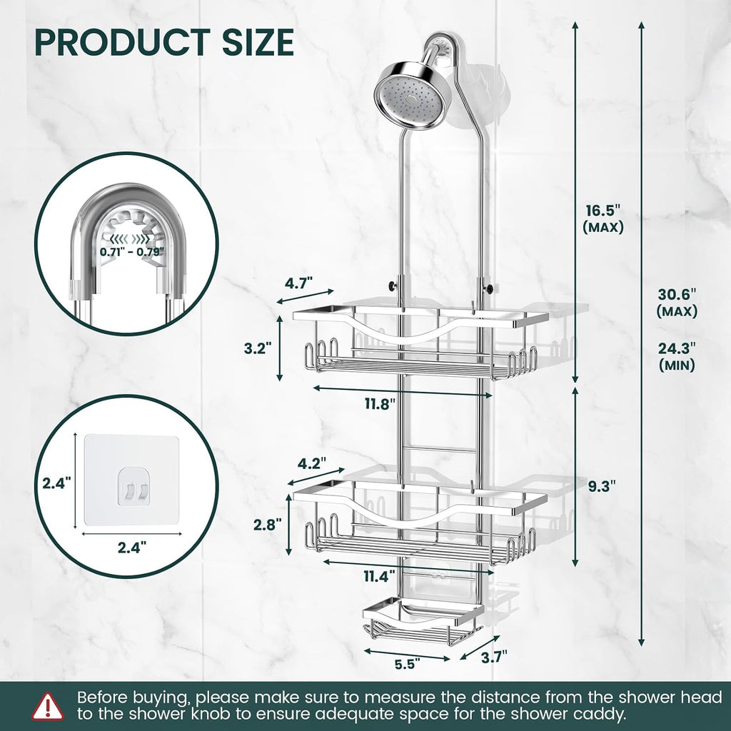 REINHARDT Adjustable Shower Caddy Hanging Over Shower Head, Silver