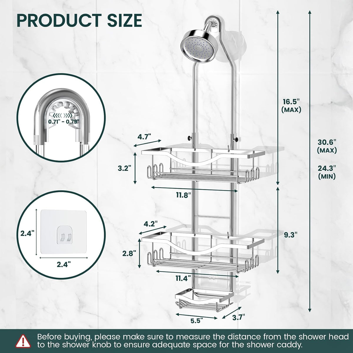REINHARDT Adjustable Shower Caddy Hanging Over Shower Head, Silver