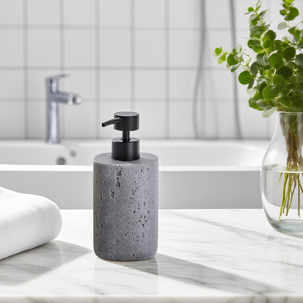 Clasin Home 2 Pack Gray Resin Soap Dispensers, Refillable Liquid Lotion Dispenser Bottles with Travertine-Look for Bathroom and Kitchen Countertop, Modern Stone Texture (10.8 oz), Spare Pump Included