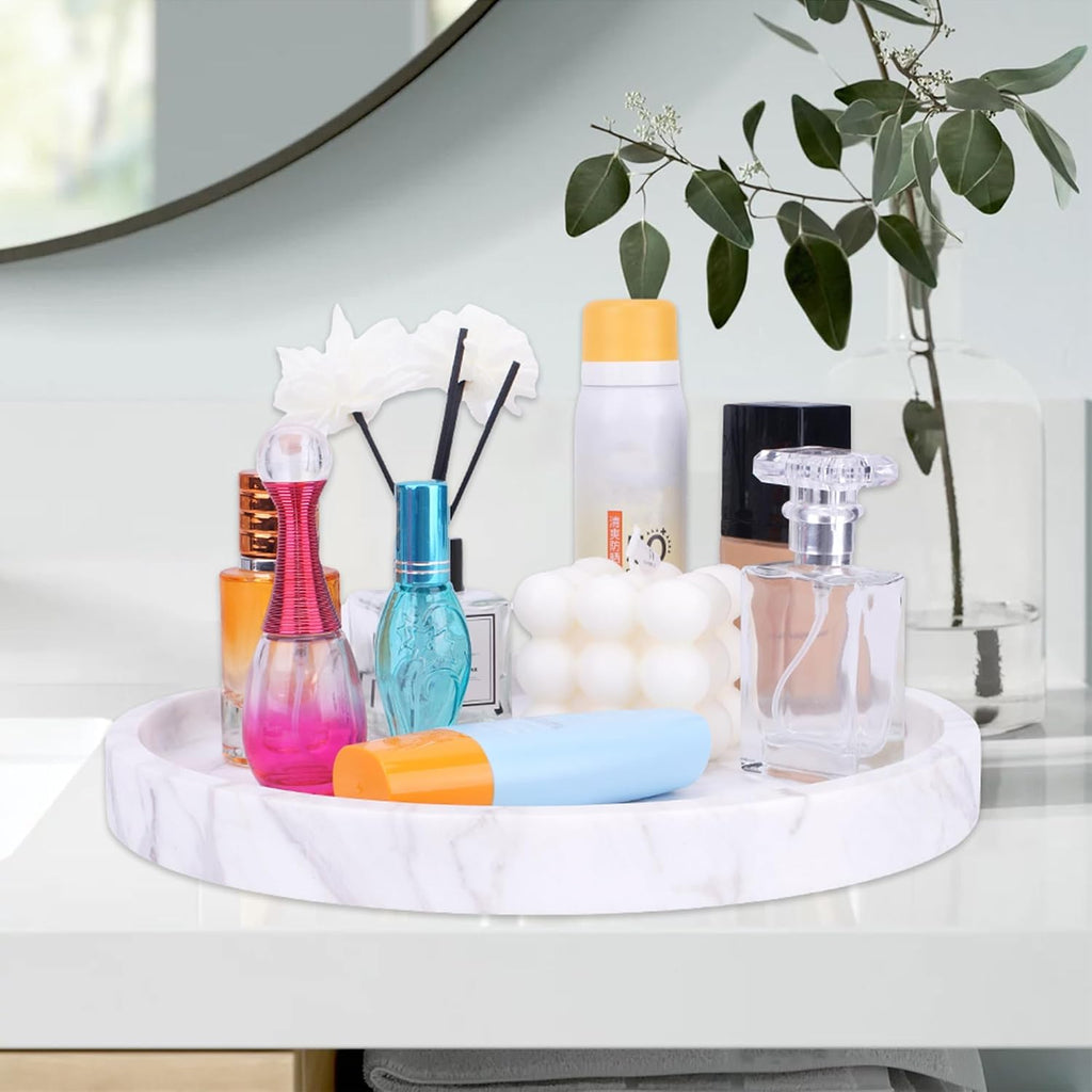 Natural Marble Decorative Tray for Bathroom Bedroom Kitchen Dresser, Large 10.6" Round Vanity Trays for Jewelry, Perfume, Cosmetic, Candle, Countertop Storage Organizer for Home Decor (WH037)