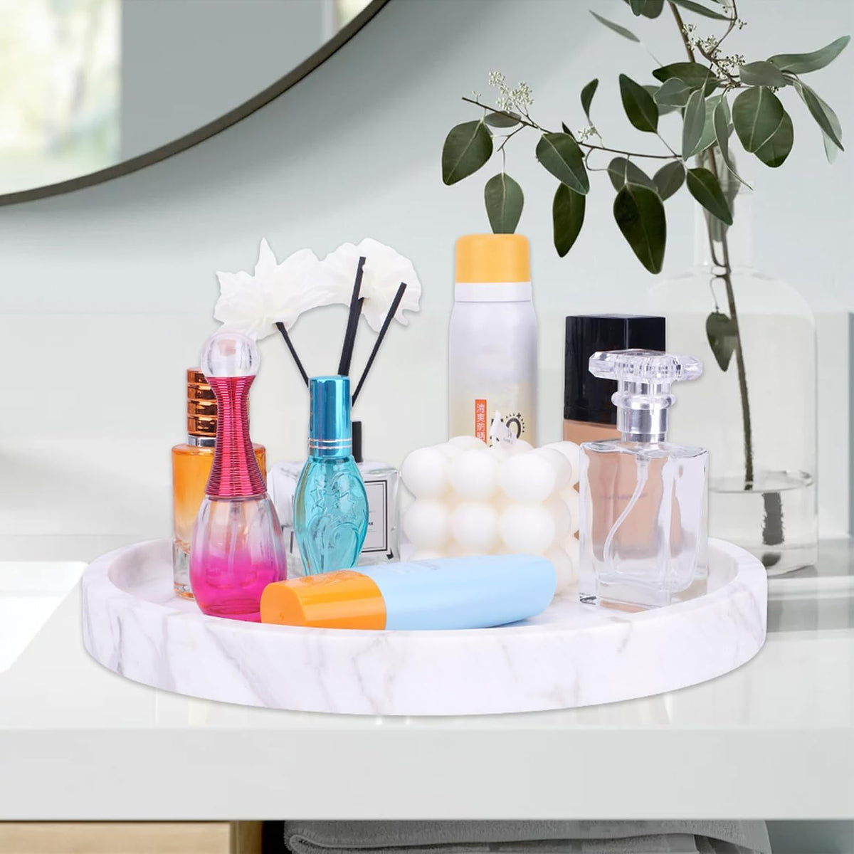 Natural Marble Decorative Tray for Bathroom Bedroom Kitchen Dresser, Large 10.6" Round Vanity Trays for Jewelry, Perfume, Cosmetic, Candle, Countertop Storage Organizer for Home Decor (WH037)