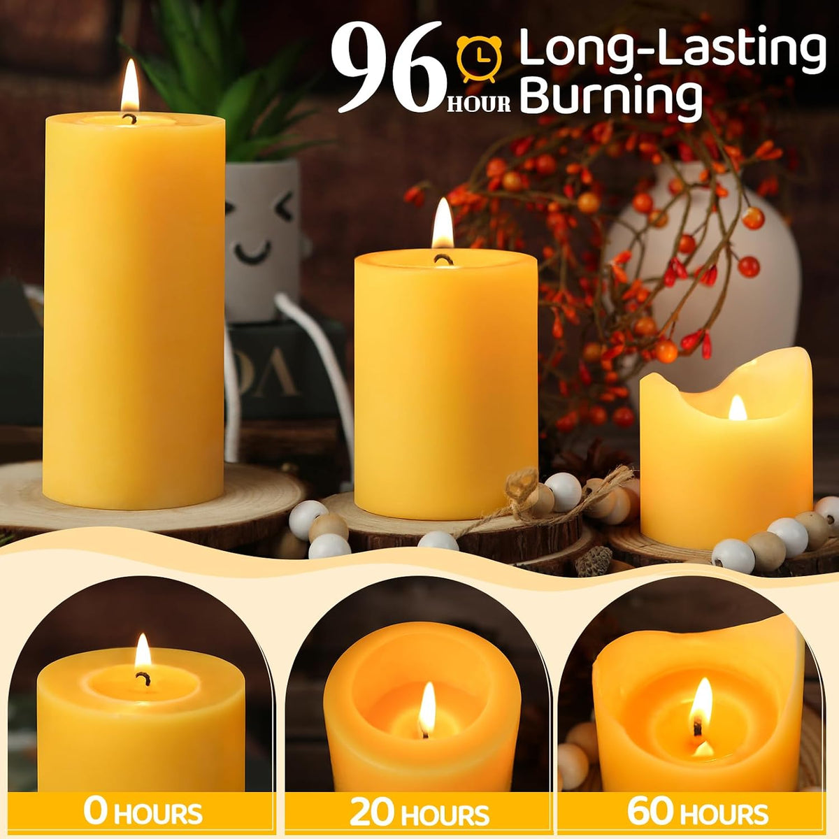Natural Beeswax Pillar Candles, Non Toxic, 2.8x6 inch,1 Pack,95 H Long Burn