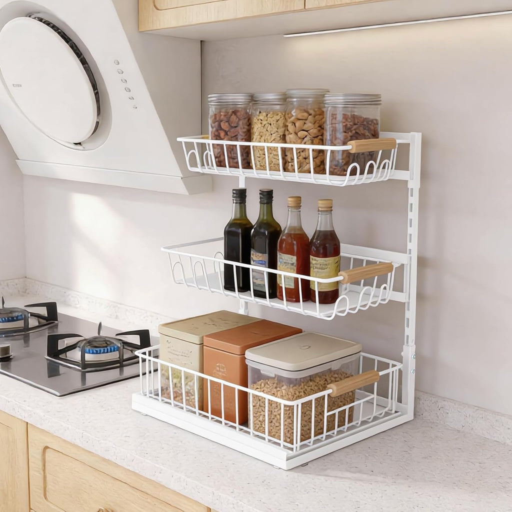 3 Tier Under Sink Organizer, Adjustable Pull Out Metal Storage Drawer