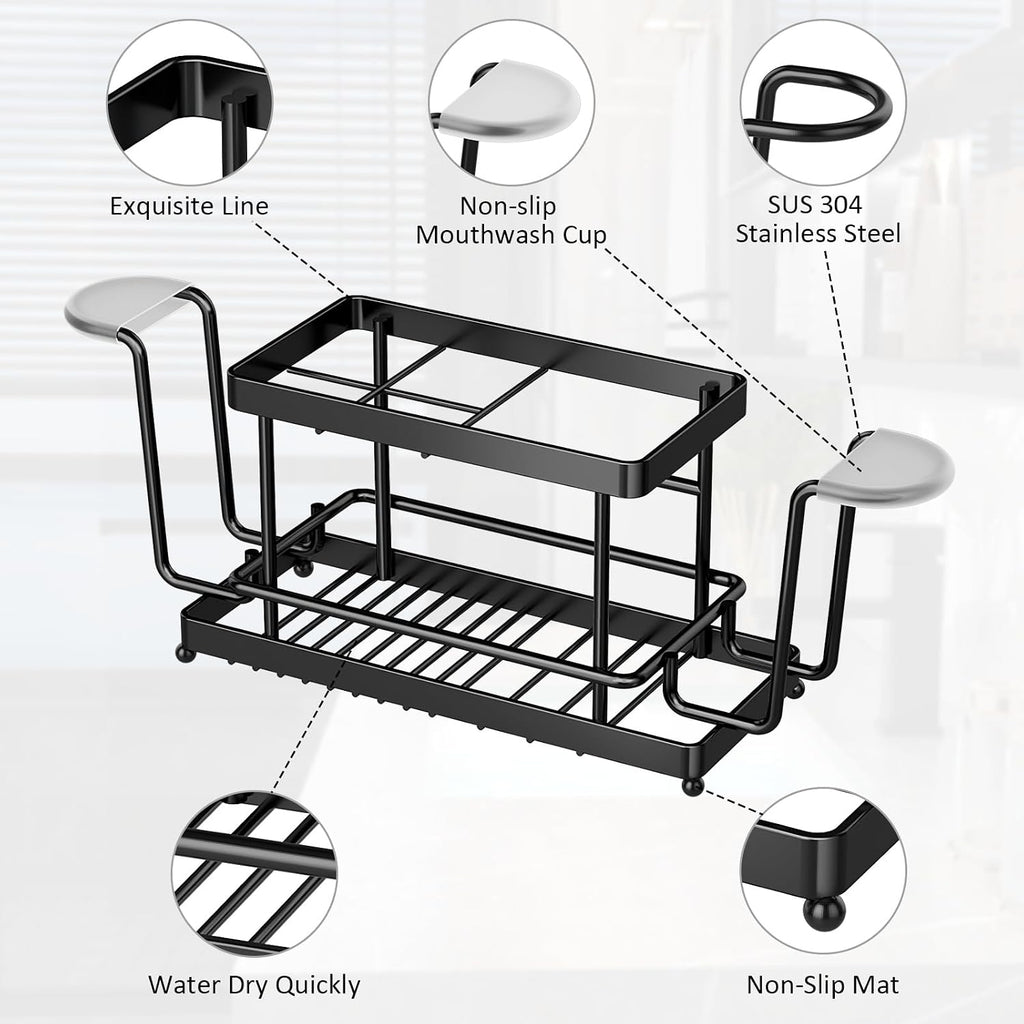 Toothbrush Holder, Wall Mount & Countertop, 2 Cup Hooks Black Metal