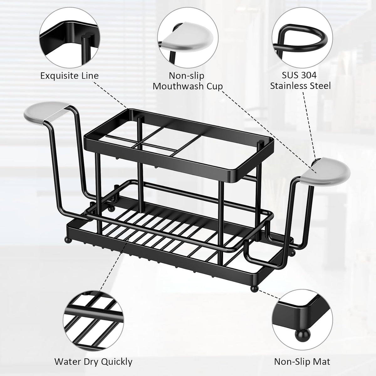 Toothbrush Holder, Wall Mount & Countertop, 2 Cup Hooks Black Metal