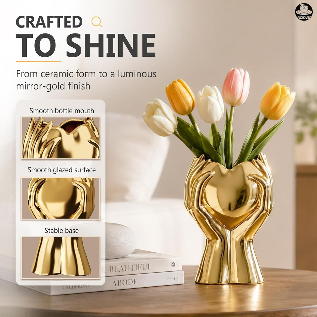 8" Heart Hand Gold Ceramic Vase - Unique Modern Aesthetic Flowers Vase for Living Room Bedroom Office Kitchen Table Centerpiece or Shelf Decor-Gifts for Wedding Bridal Shower Women Mom (Gold)