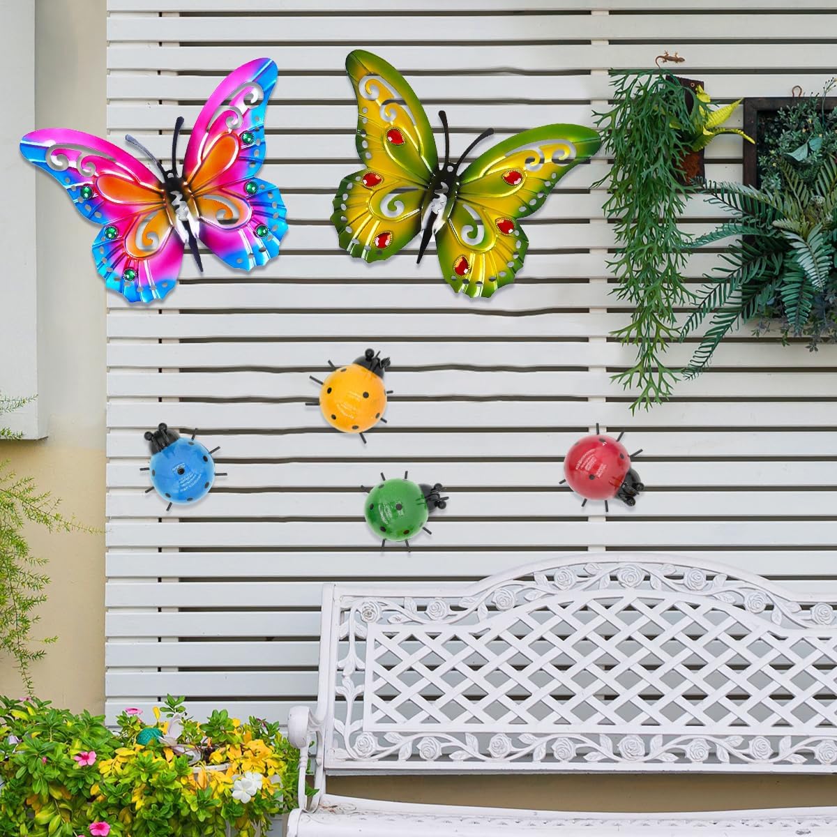 Akulgaci 2 Pack Butterfly Decorations, 14.5" Large Metal Butterflies Fence Garden Yard Art Wall Decor for Outdoor Patio Balcony Tree Front Porch, Vibrant Colors Purple Green