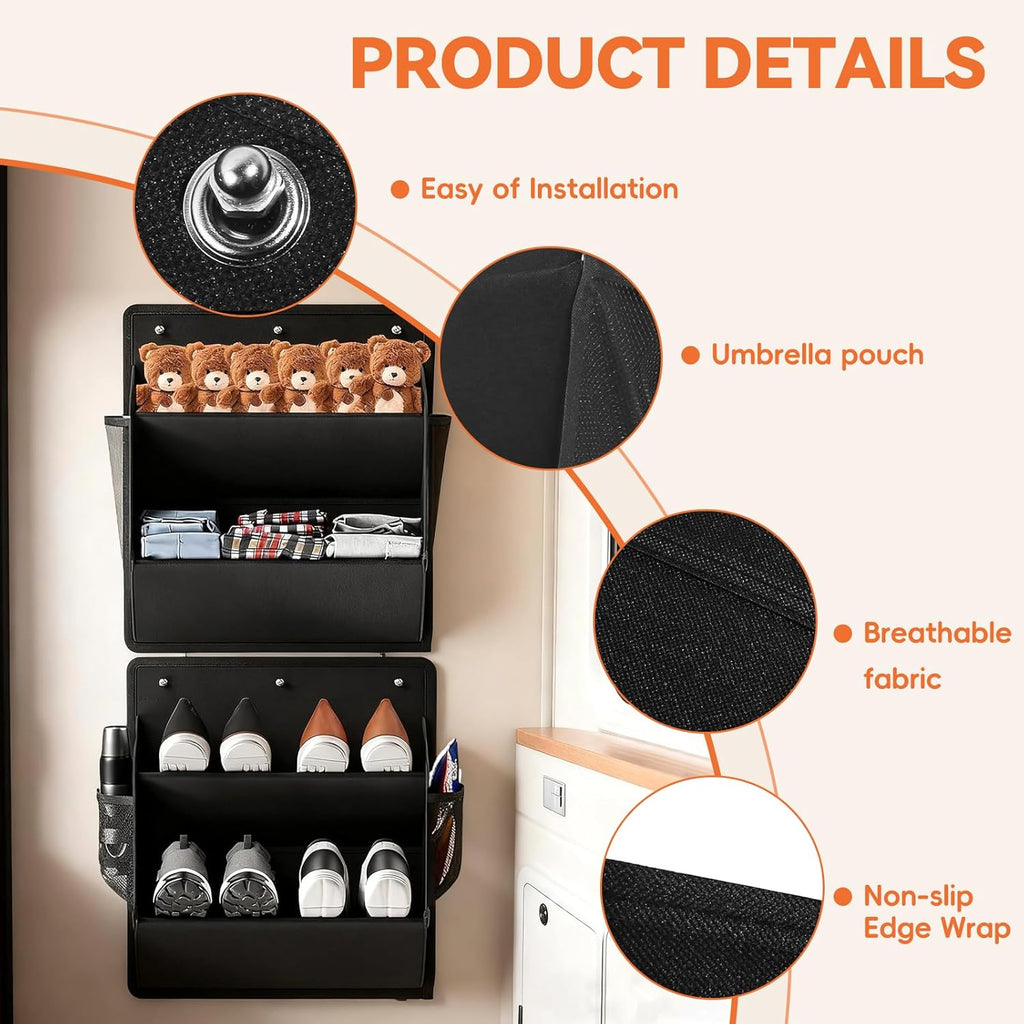 2 Pack RV Shoe Storage Organizer, Over the Door/Wall Hanging Shoe Rack with Sticky Adhesive, Large Deep Pockets for Narrow Space, Closet Camper Storage Black