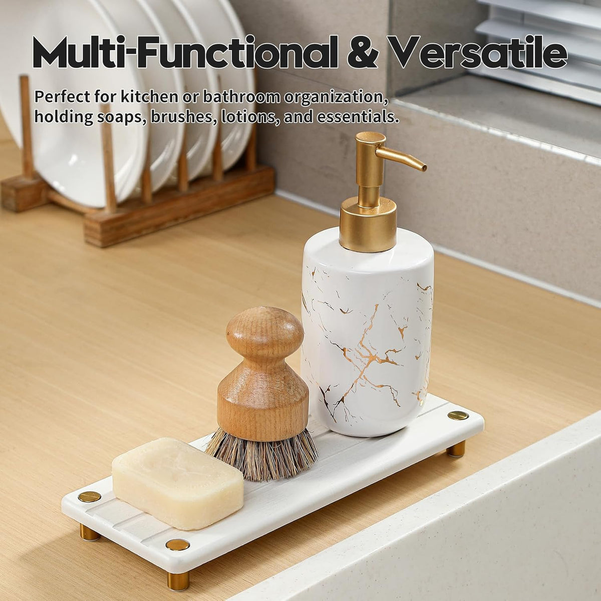 Razborci Instant Dry Sink Caddy Kitchen Sink Organizer, Quick Drying Diatomaceous Earth Stone Sink Tray Sponge Holder Soap Dish, Bathroom Countertop Vanity Dispenser Toothbrush, Gold White, 10" x 4"