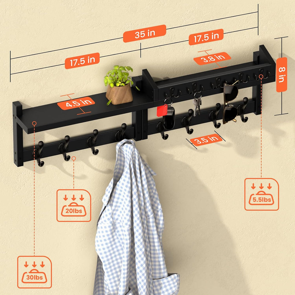 35'' Long Black Coat Rack Wall Mount with Shelf, Solid Wood Coat and Key Hanger with 13 Metal Hooks, Farmhouse Wall Organizer for Mail, Entryway Wall Hangers for Hats, Clothes, Backpacks