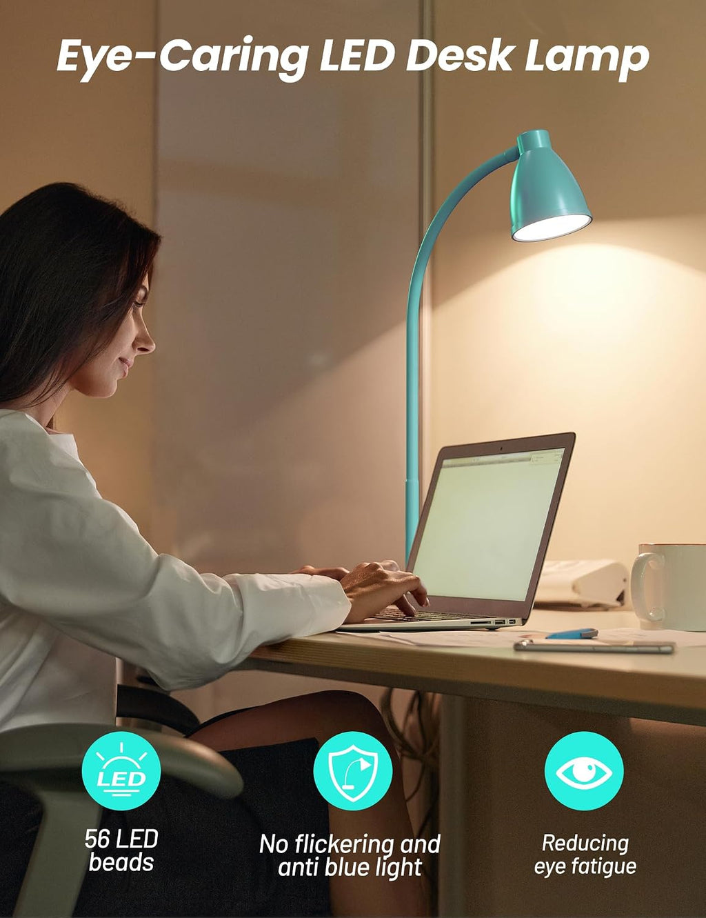 BOHON LED Desk Lamp with USB Charging Port, 3 Color Modes Dimmable, Teal