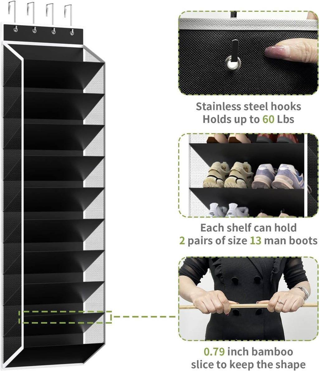KEEPJOY 10 Tiers Mesh Over Door Shoe Organizer Storage, Hanging Shoe Holder for Door with Large Deep Pockets, Fit 20-30 Pairs Shoe Rack for Sneakers, Boots(Black)