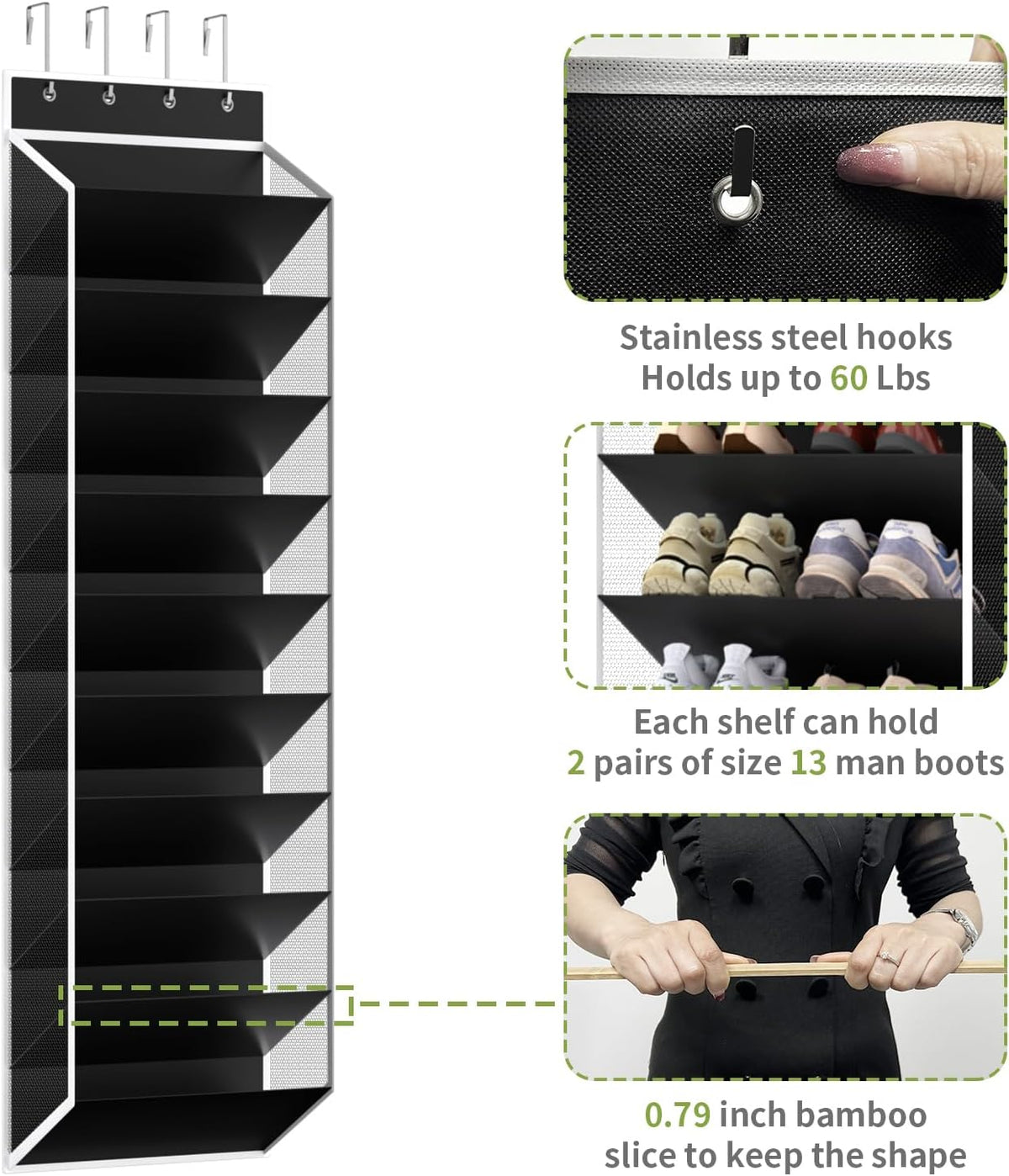 KEEPJOY 10 Tiers Mesh Over Door Shoe Organizer Storage, Hanging Shoe Holder for Door with Large Deep Pockets, Fit 20-30 Pairs Shoe Rack for Sneakers, Boots(Black)